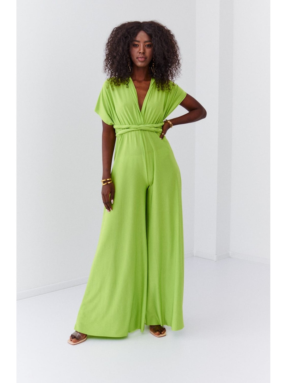 Elegant jumpsuit with wide legs and a tied top, lime 44610 - Online store - Boutique